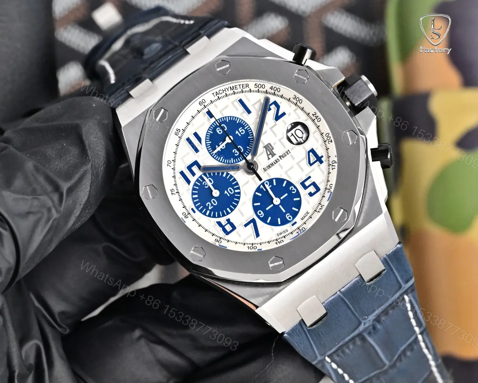 View 2 of Audemars Piguet Royal Oak Offshore 26470 Watch 42MM Stainless Steel Case White Dial Blue Leather Strap Ultimate Edition AP-ROO-26470-SS-WHT-BLU-42