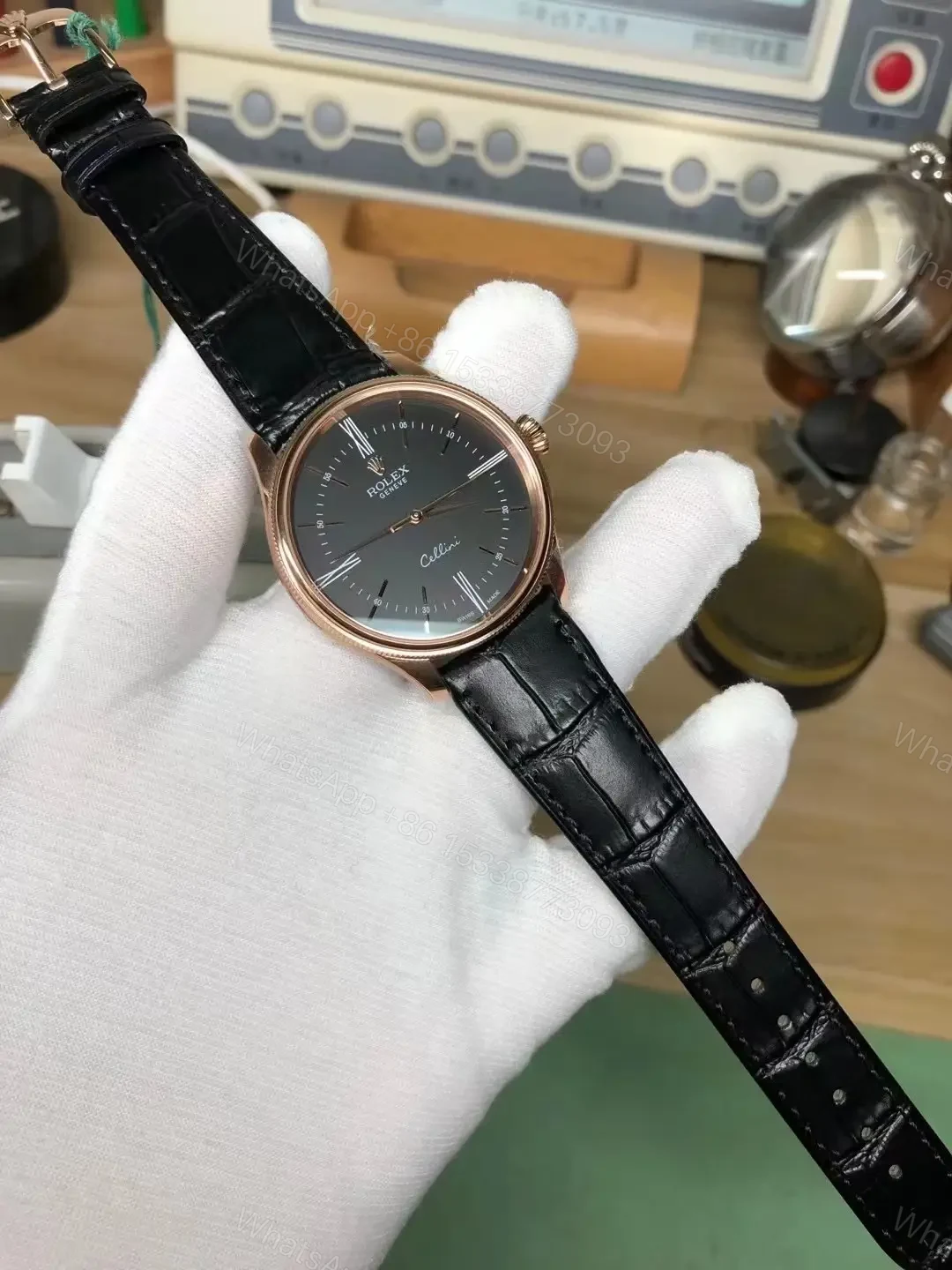View 8 of Rolex Cellini Time 50505 39mm Everose Black Dial Black Alligator Strap Watch 50505-0009