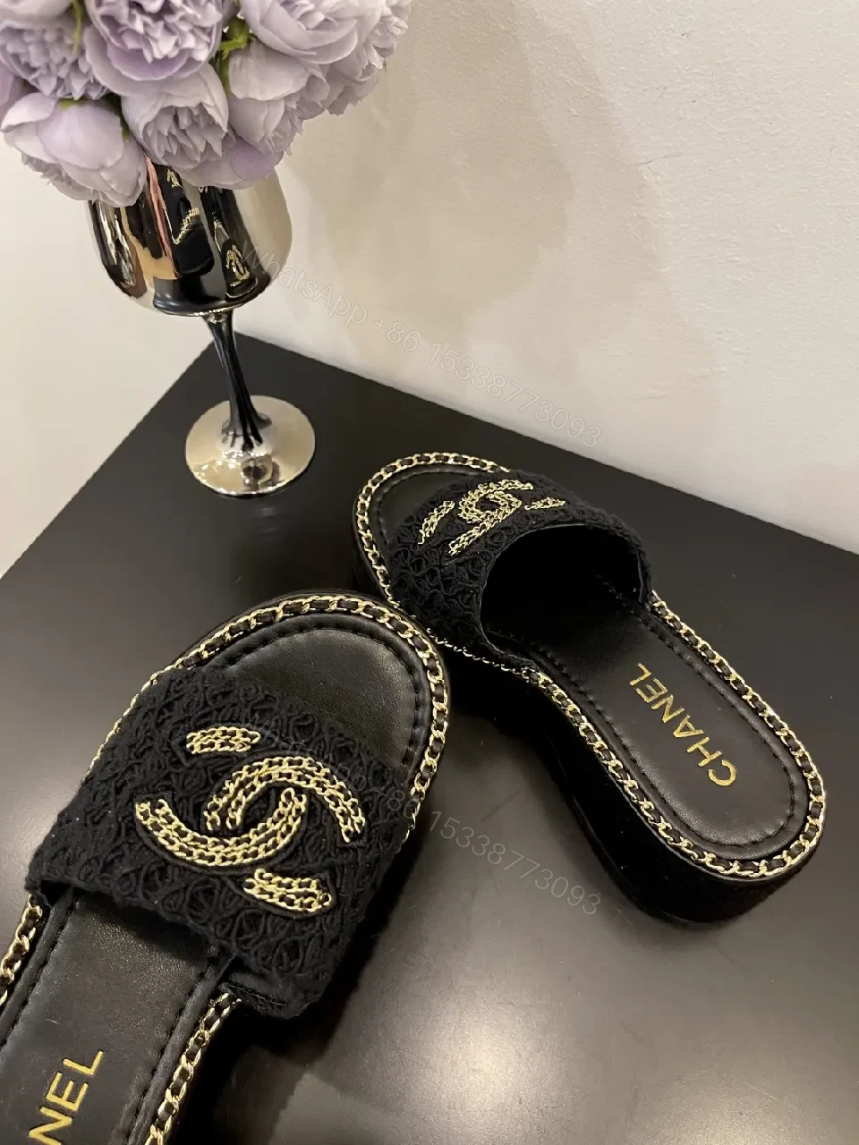 View 9 of Lux Knit Slides with Signature Chain Detailing