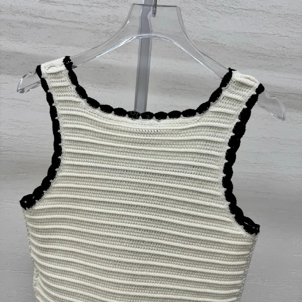 View 5 of Ivory Knit Crop Top with Black Piping, Luxe Knitwear Top