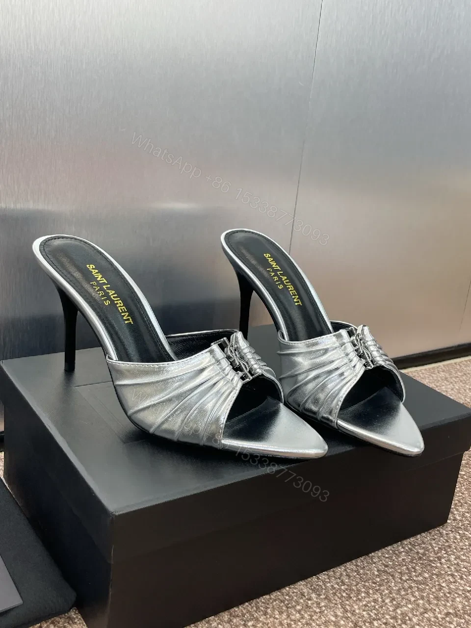 View 7 of Metallic Pointed-Toe Mule Heels with Signature Hardware Realized