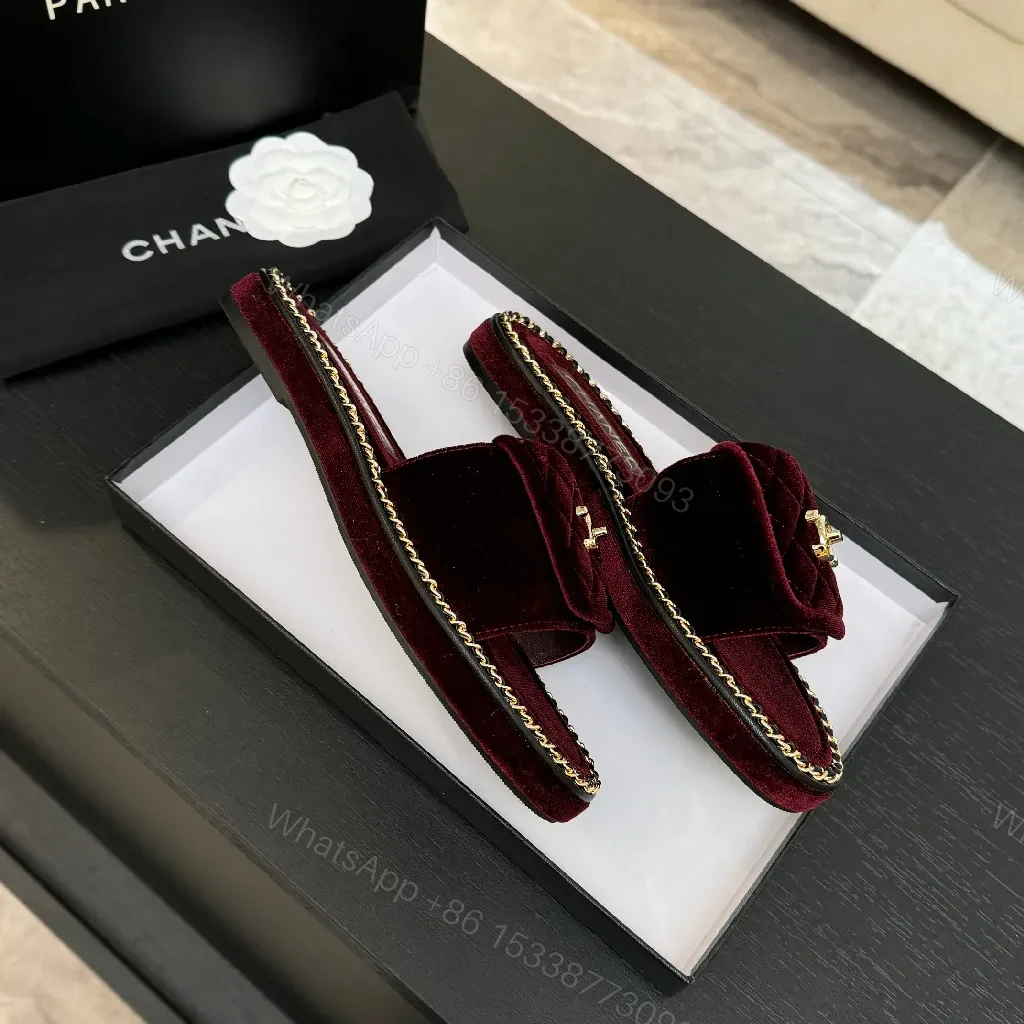 View 7 of Deep Wine Velvet Mules with Gold Chain Trim Slides