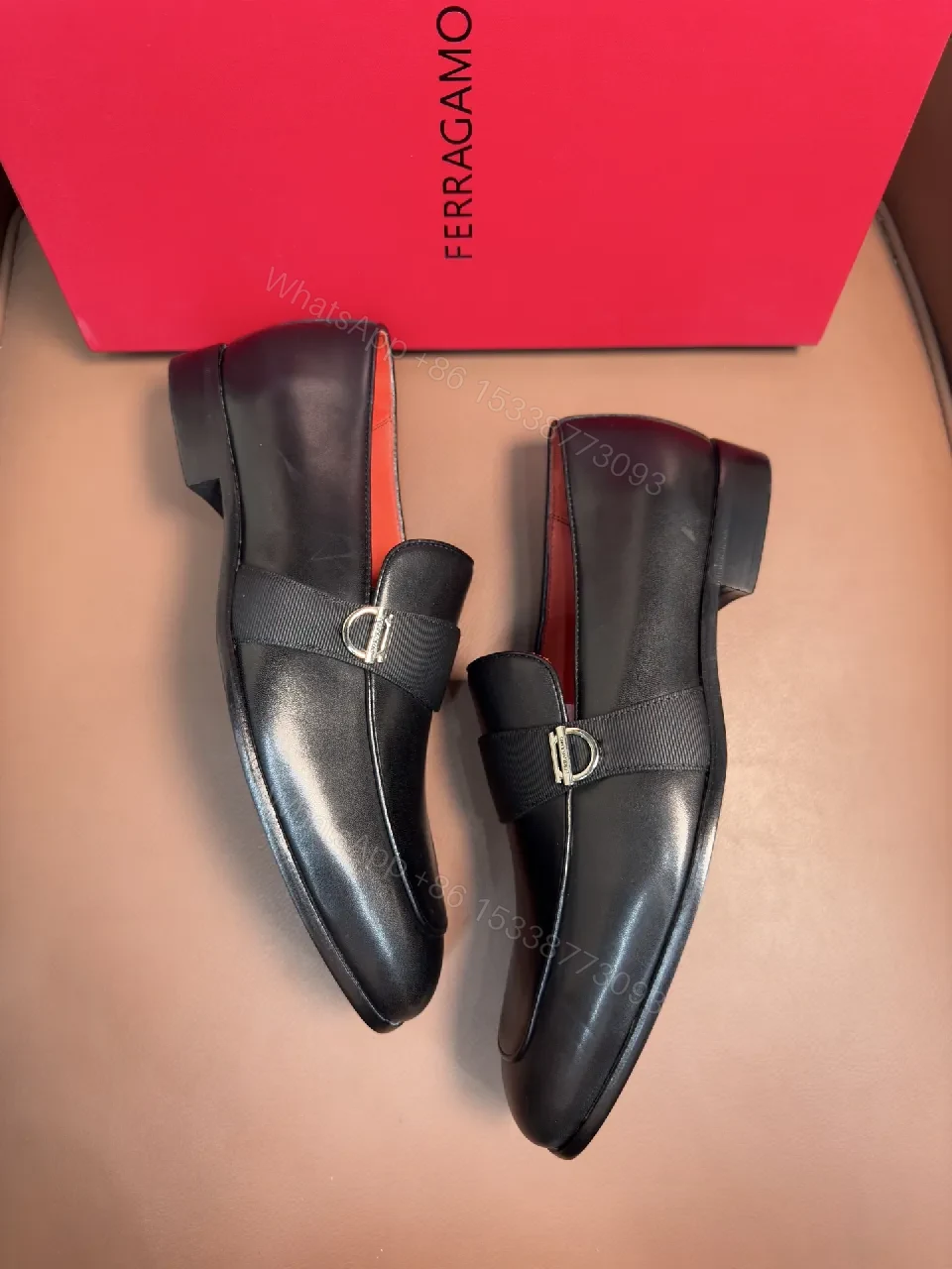 View 7 of Elegant Leather Loafers with Red Leather Interior, Metal Accent, Slip-On Style