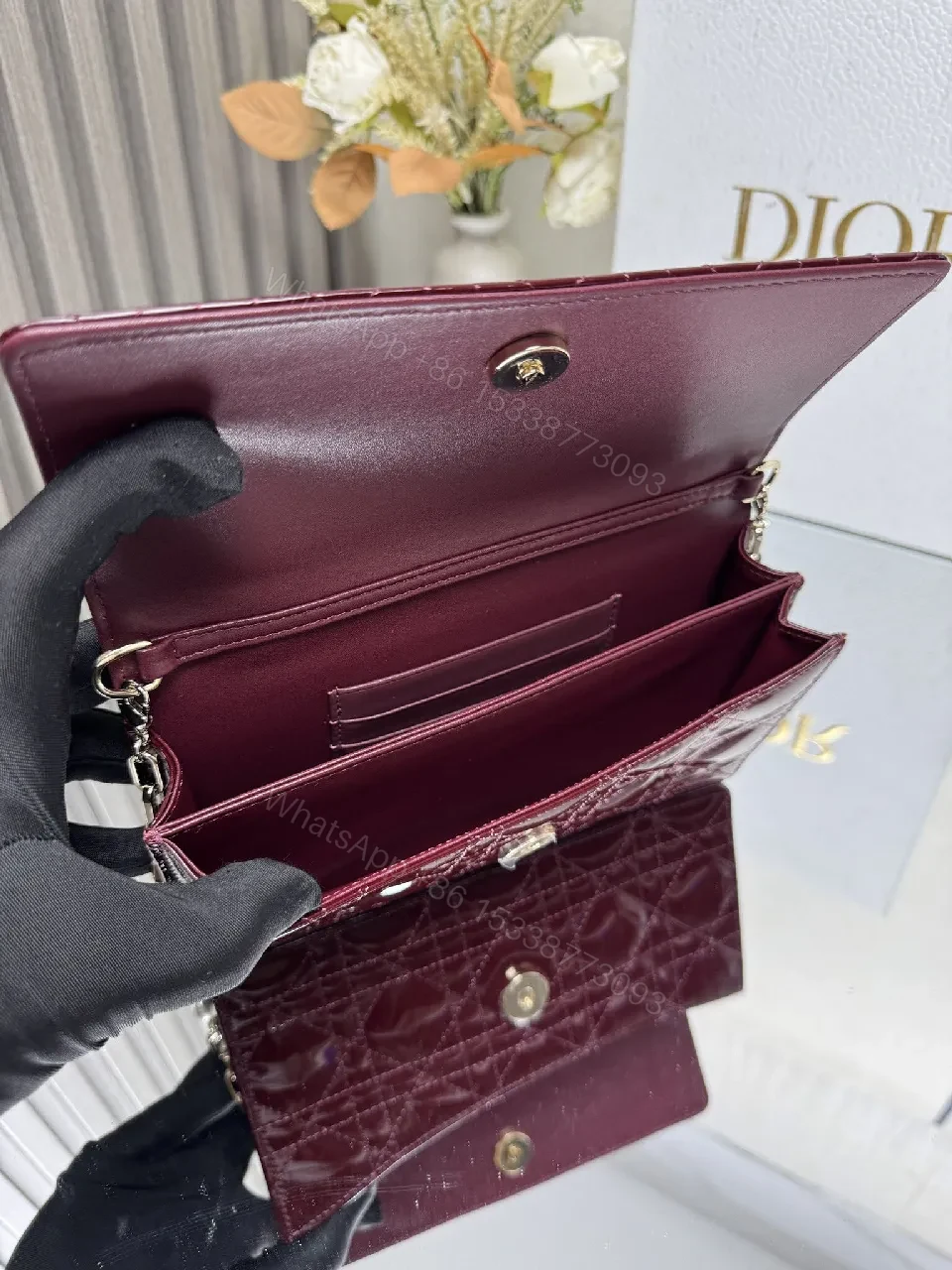 View 6 of Burgundy Patent Leather Clutch: Geometric Quilted Luxury