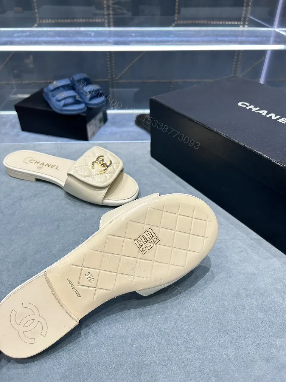 View 4 of Beige Quilted Strap Slide Sandals with Gold Double-C Logo