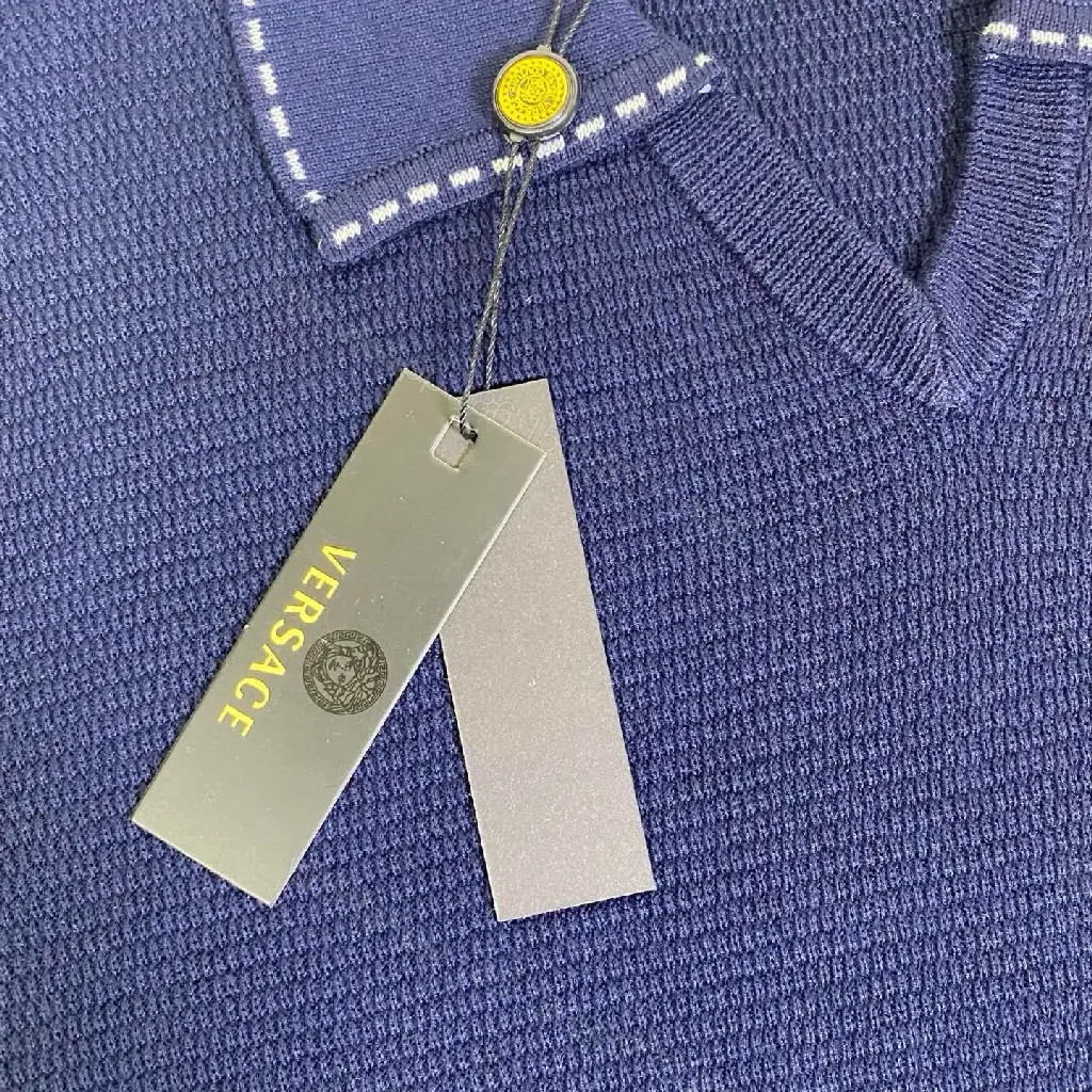 View 8 of Navy Knit Polo: V-Neck, Textured Grid, Pocket Detail, Versace Button