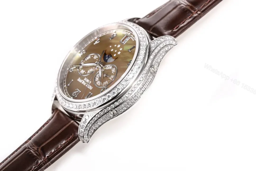 View 6 of Patek Philippe Complications Collection Annual Calendar Moon Phase Ladies’ Watch in Rose Gold/Silver with Diamond Set Case Brown Leather Strap