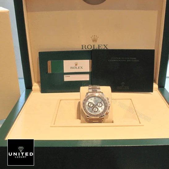 View 9 of Rolex Daytona Platinum Ice-Blue Arabic Dial 116506-0001 Oyster Replica