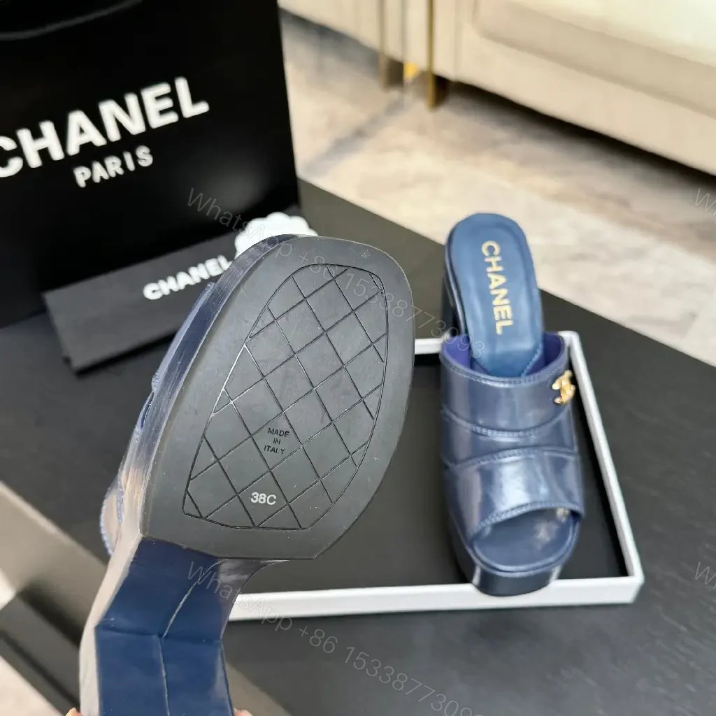 View 3 of Blue Leather Platform Mules with Logo Hardware, Sculpted Heel