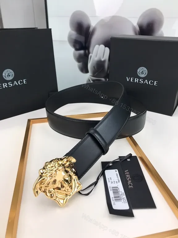 View 6 of Black Leather Belt with Gold Medusa Buckle - Lux, Versace-Inspired