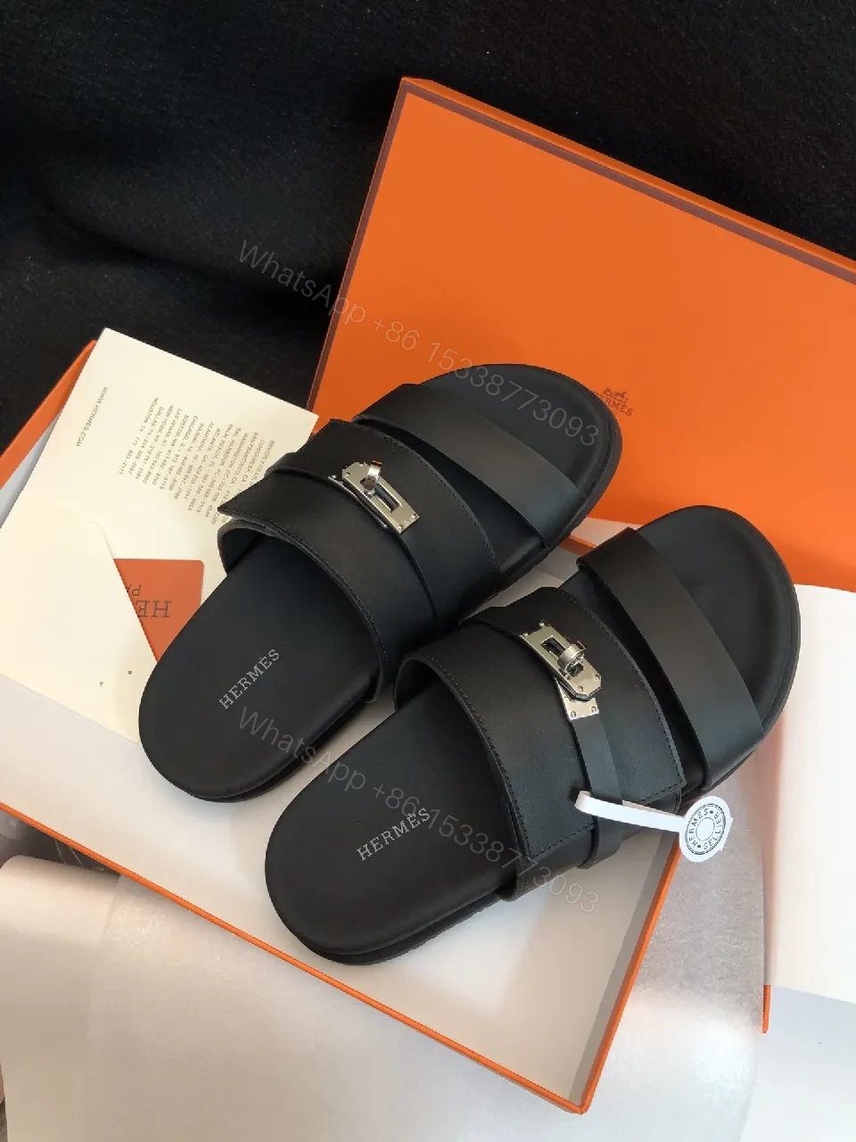 View 3 of Matte Black Leather Sandals with Signature Hardware