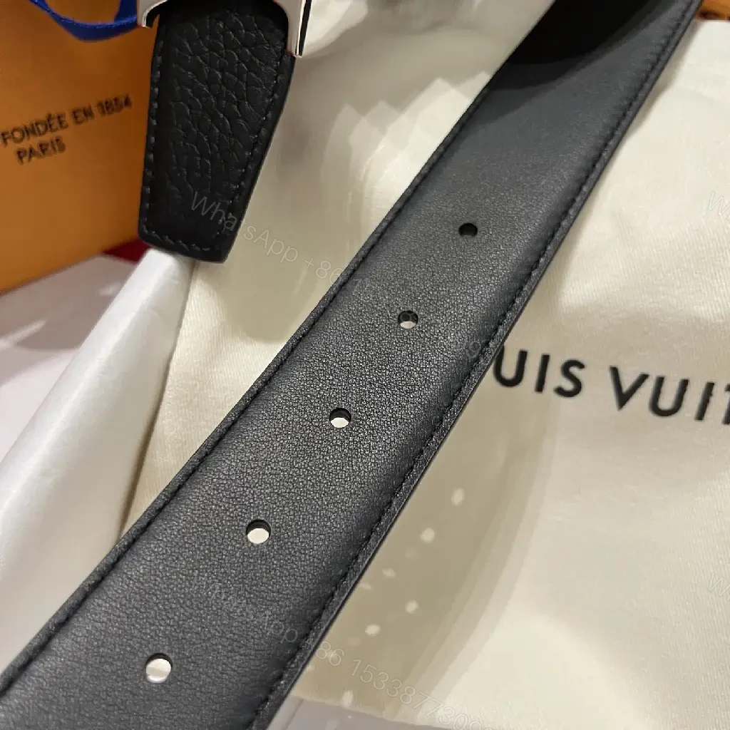 View 6 of Black Leather Pebbled Belt with Bold Silver LV Buckle