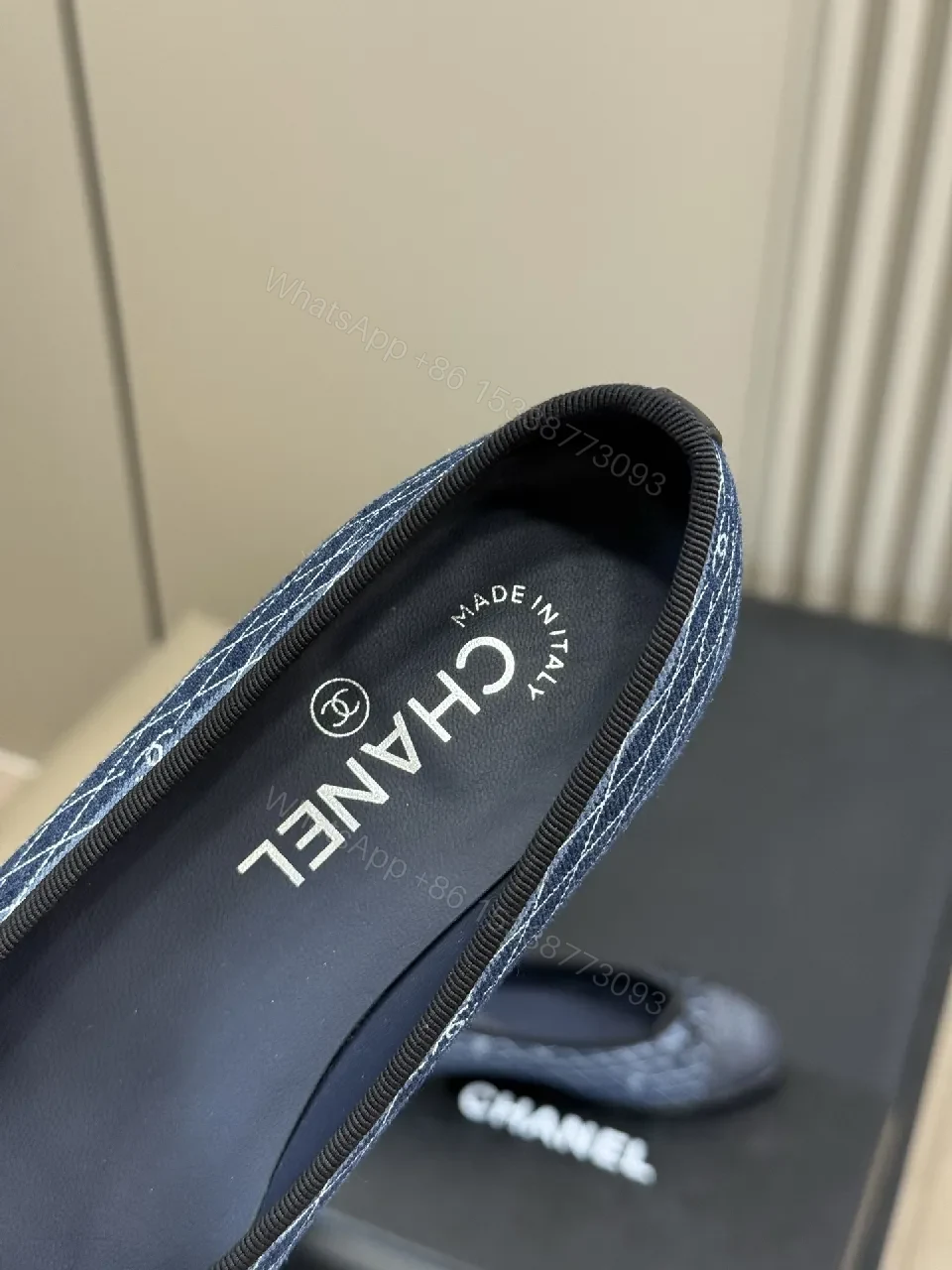 View 3 of Denim-Texture Ballet Flats with Logo Intarsia