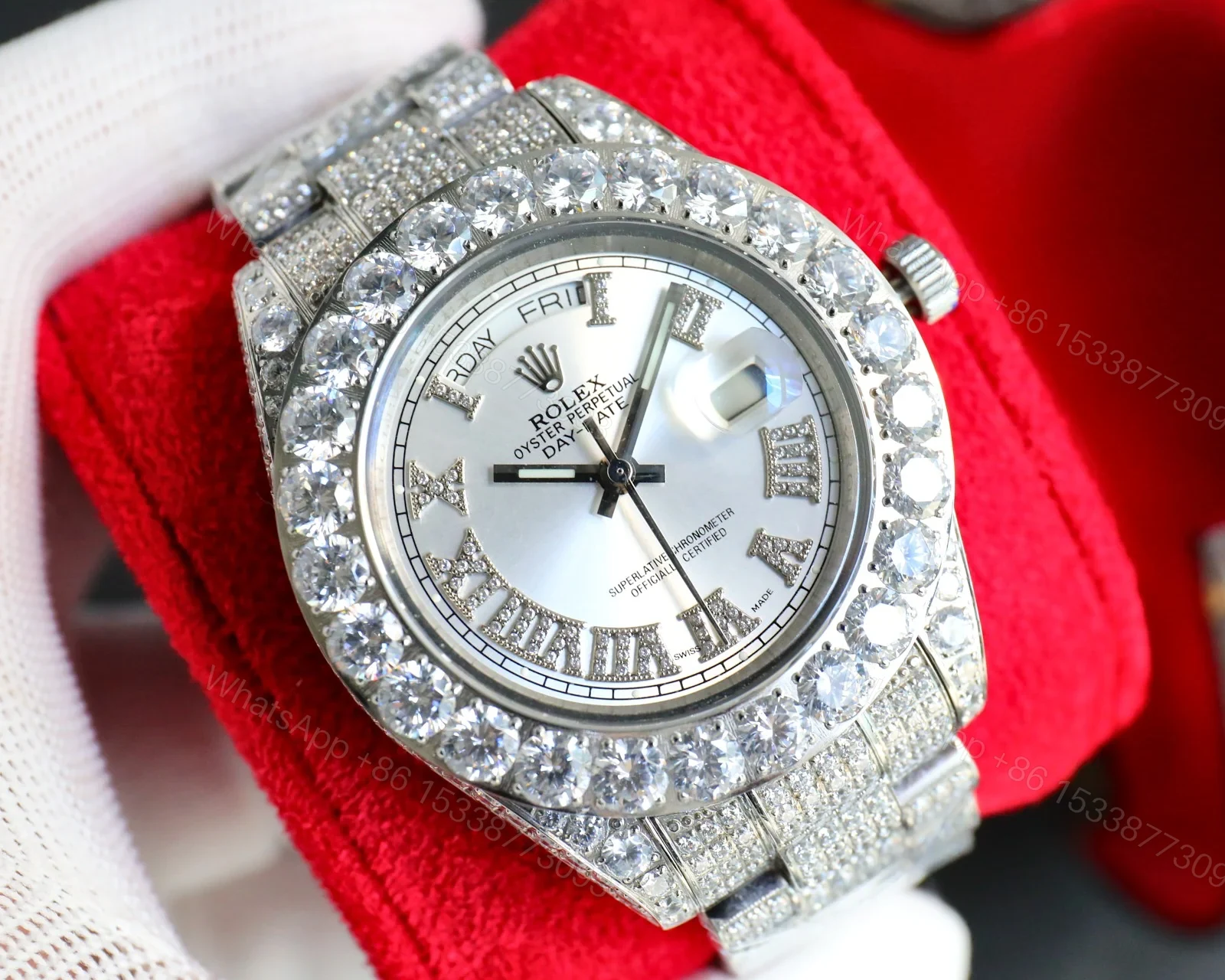 View 3 of Rolex Day-Date Red Diamond Replica 42MM Premium Iced Full Steel Bracelet Edition RG-ROLEX-DD-RED-DIA-ICED-STL-42