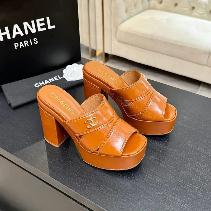 Chunky Leather Mules with Logo Detail, Platform Heel, Open Toe — view 1