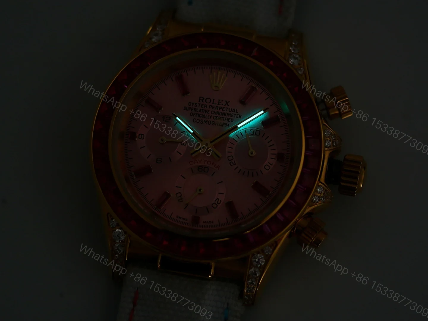 View 9 of Rolex Daytona Pink Ruby White Strap Replica 43MM Exclusive Gold Case Edition RG-ROLEX-DAYTONA-PINK-RUBY-WHITE-43