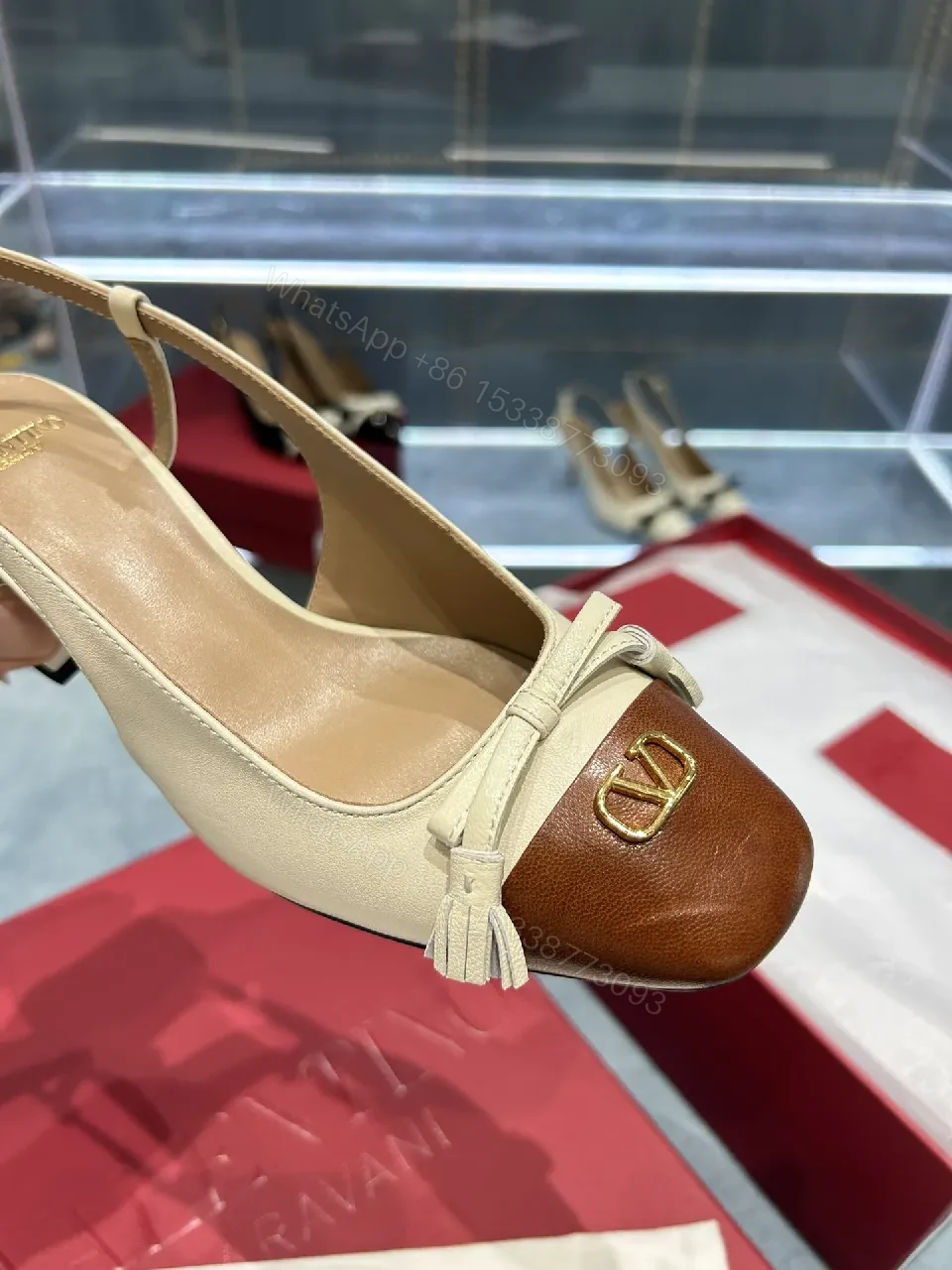 View 9 of Cream Leather + Velvet Toe + Two-Tone Slingback + All-Day Comfort Pumps