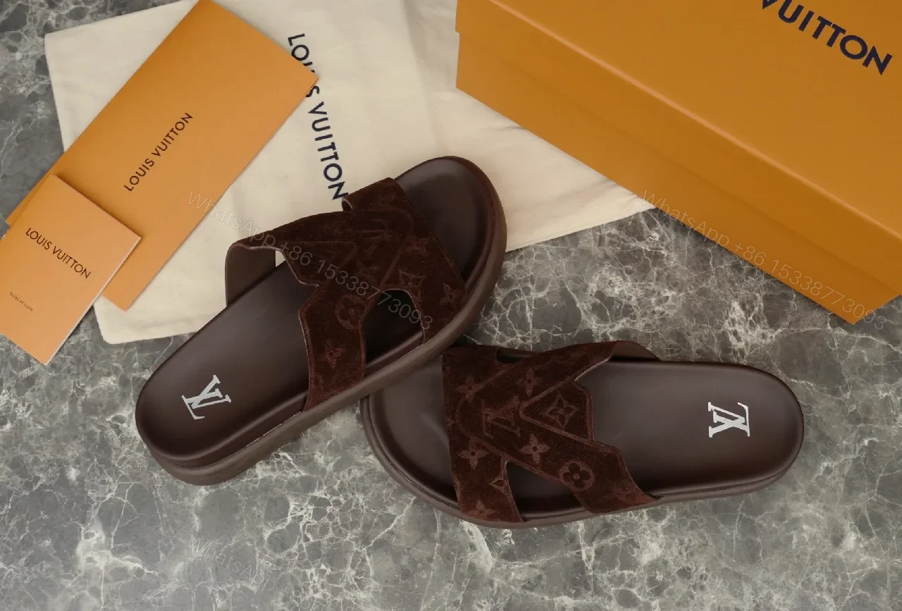 View 6 of Brown Monogram Sandals | Suede Straps | Casual Luxury Slides