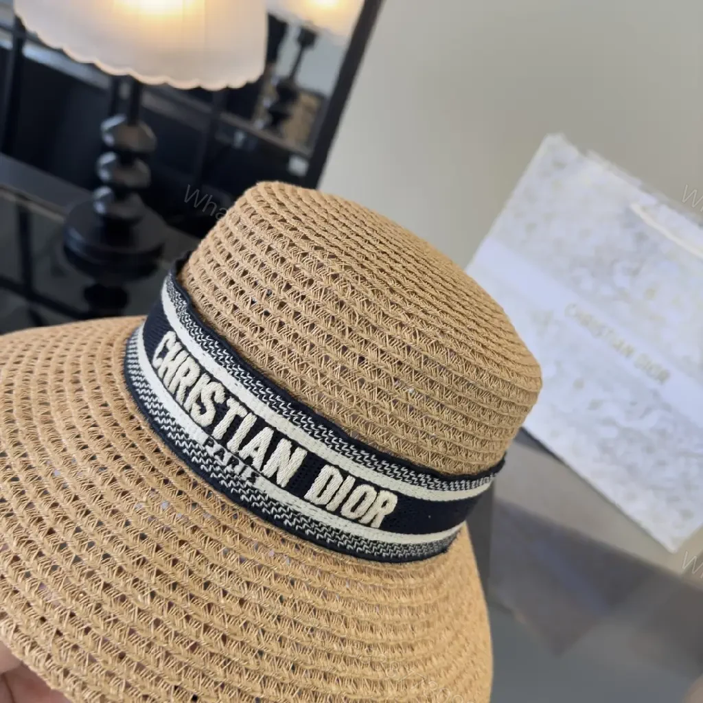 View 7 of Natural Straw Boater Hat with Ribbon Brand Stripe - Dior Inspired