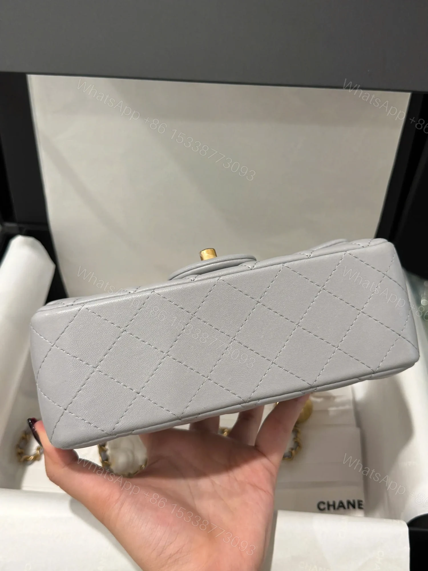 View 5 of Chanel Classic Woman’s Smooth Leather Grey Like Auth Handbags 20cm