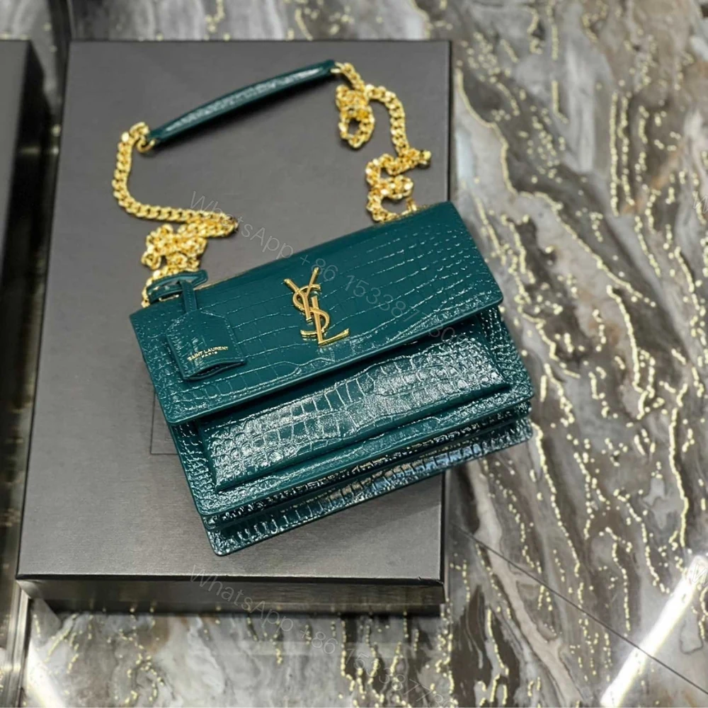 View 5 of Saint Laurent Sunset Medium Chain Bag In Crocodile-Embossed Shiny Mint 22Cm 442906DND0J3144
