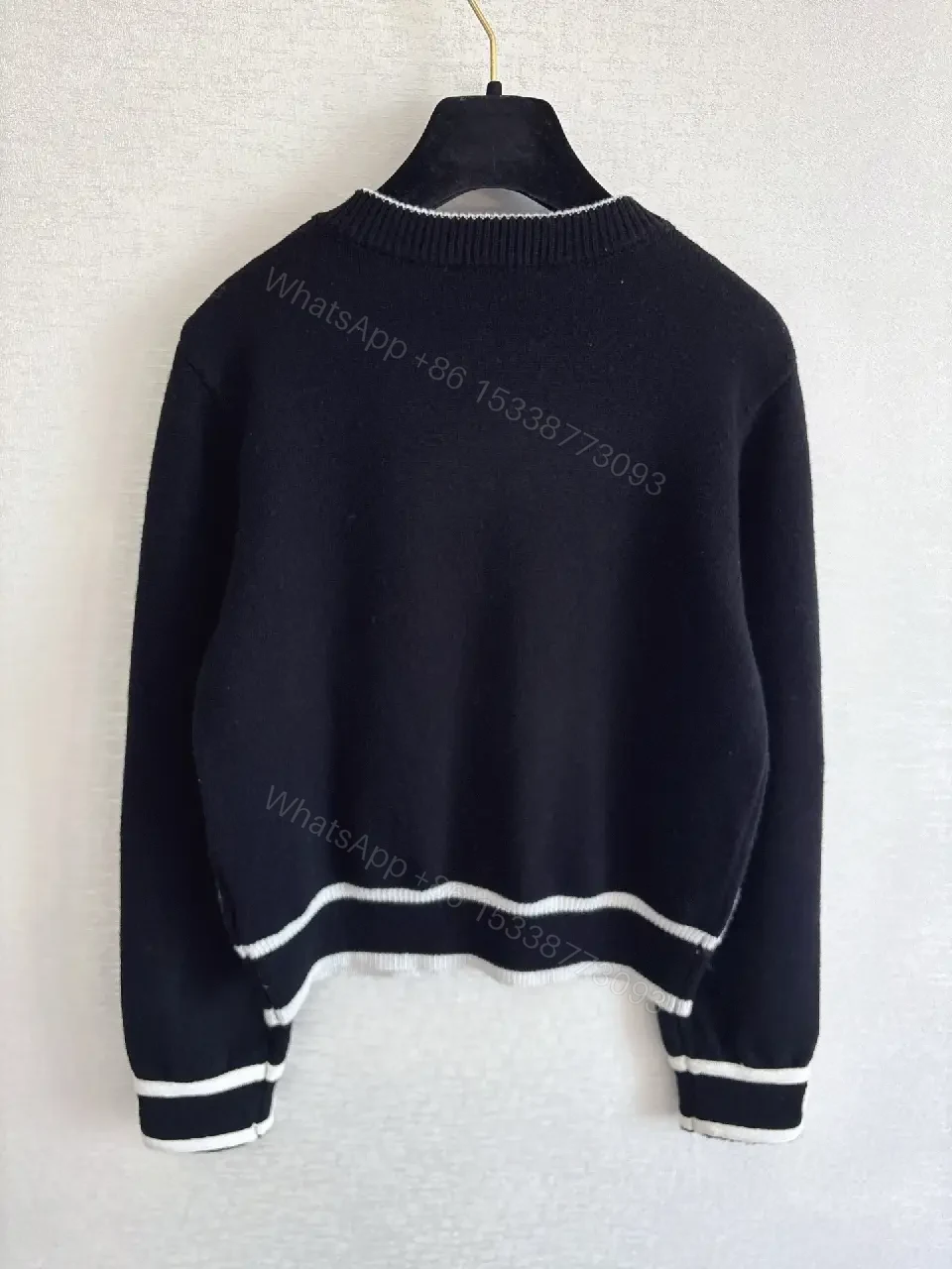 View 10 of Black Knit Jacket with White Piping & Gold Hardware