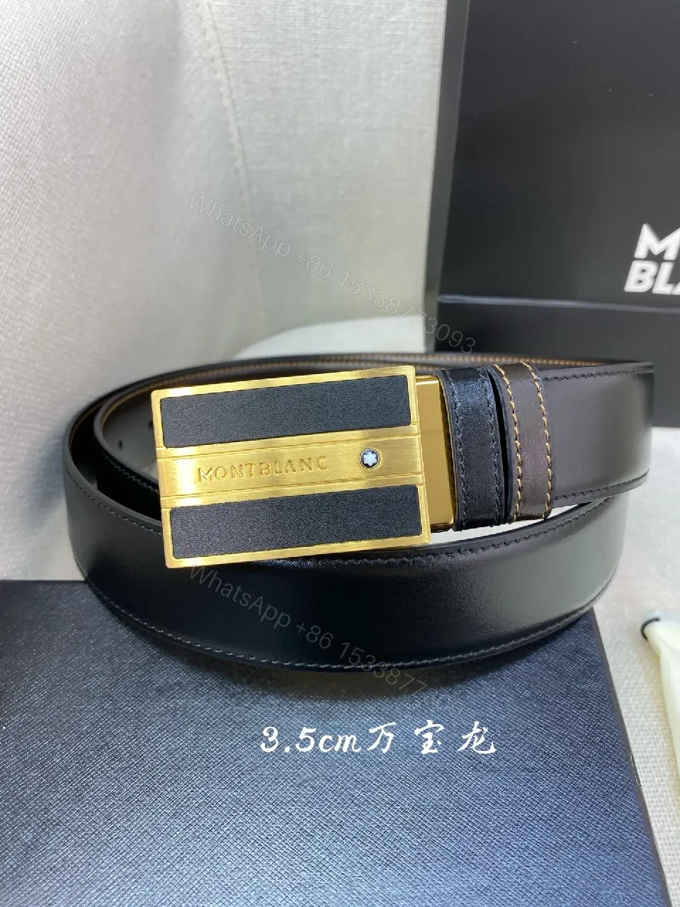 Black Leather Belt with Gold-Plate Buckle, Premium Luxury Style — view 1