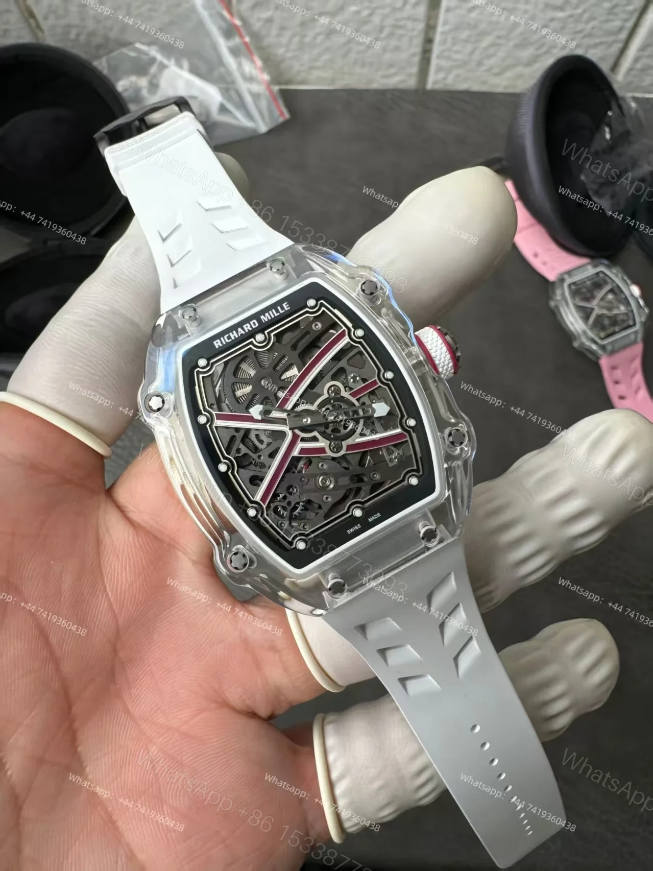 View 6 of Super Clone Richard Mille RM67-02 Sapphire Crystal Skeleton Tourbillon 1:1 Replica Watch with White Rubber Strap