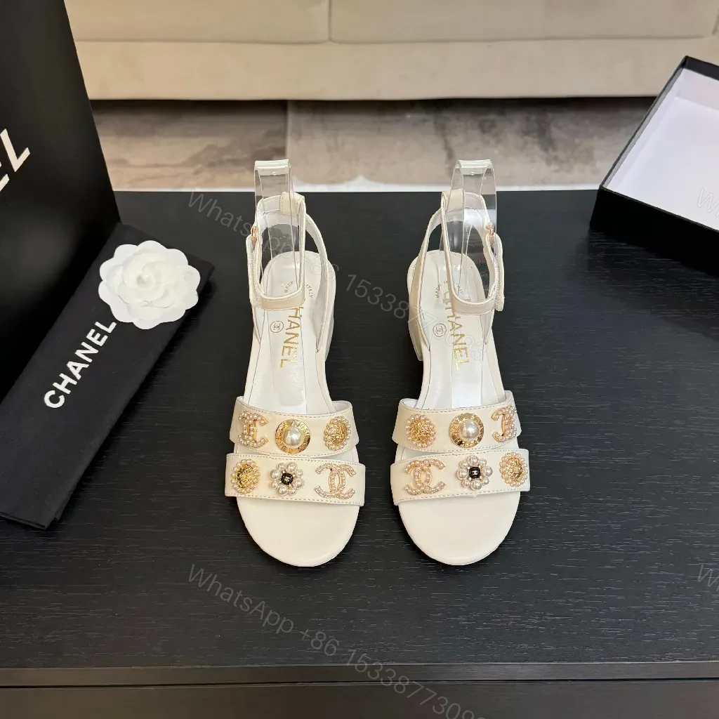 View 7 of Ivory Leather Block-Heel Sandals with Gold Embellishment