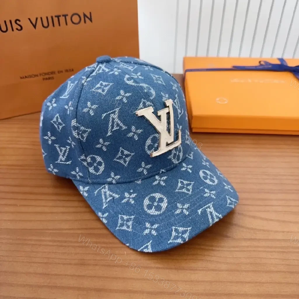 View 8 of Indigo Denim Cap with Gold LV Crest Monogram, Curved Visor