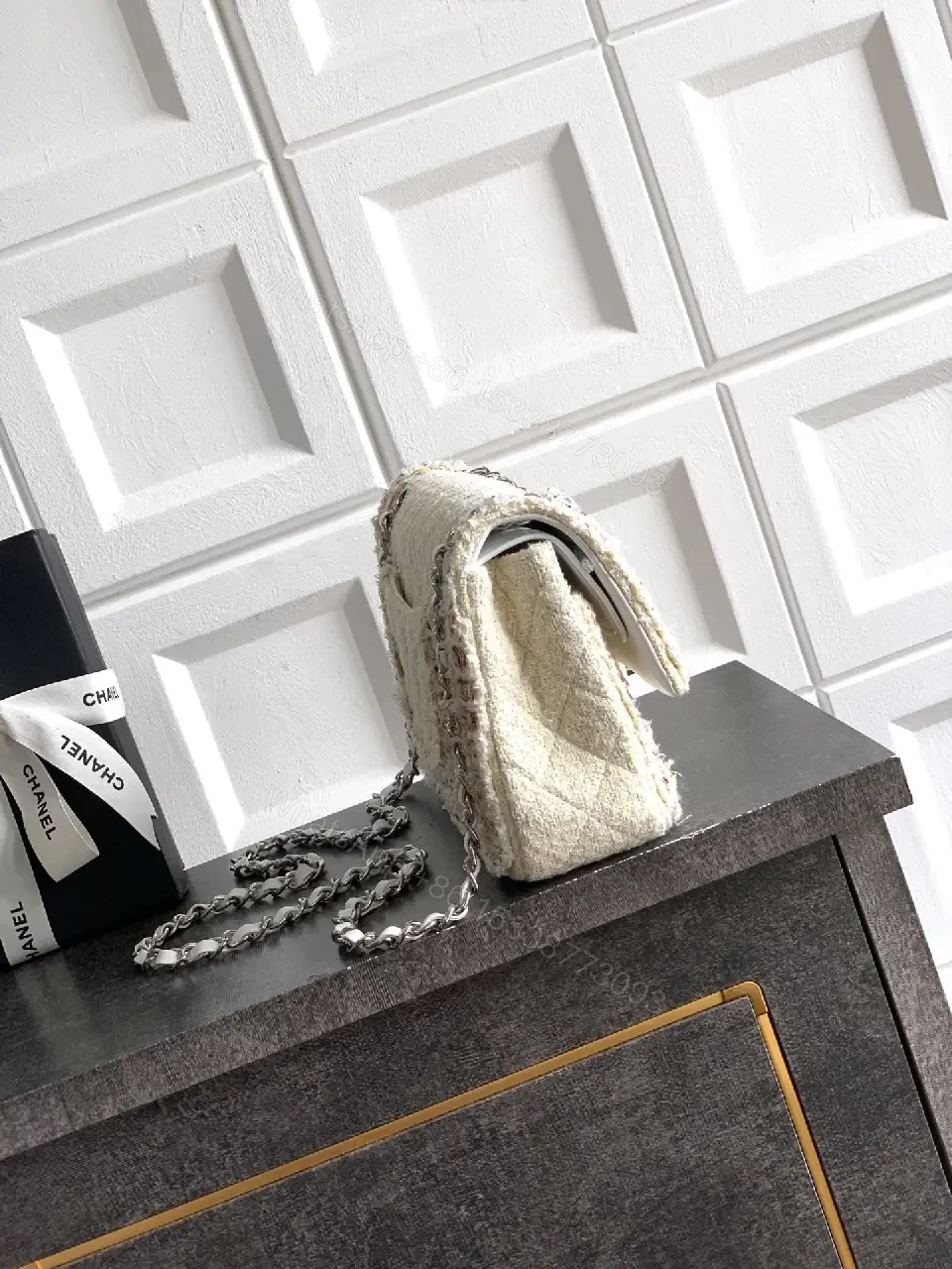 View 3 of Tweed-Texture Chain-Stride Flap Bag, Compact Luxury