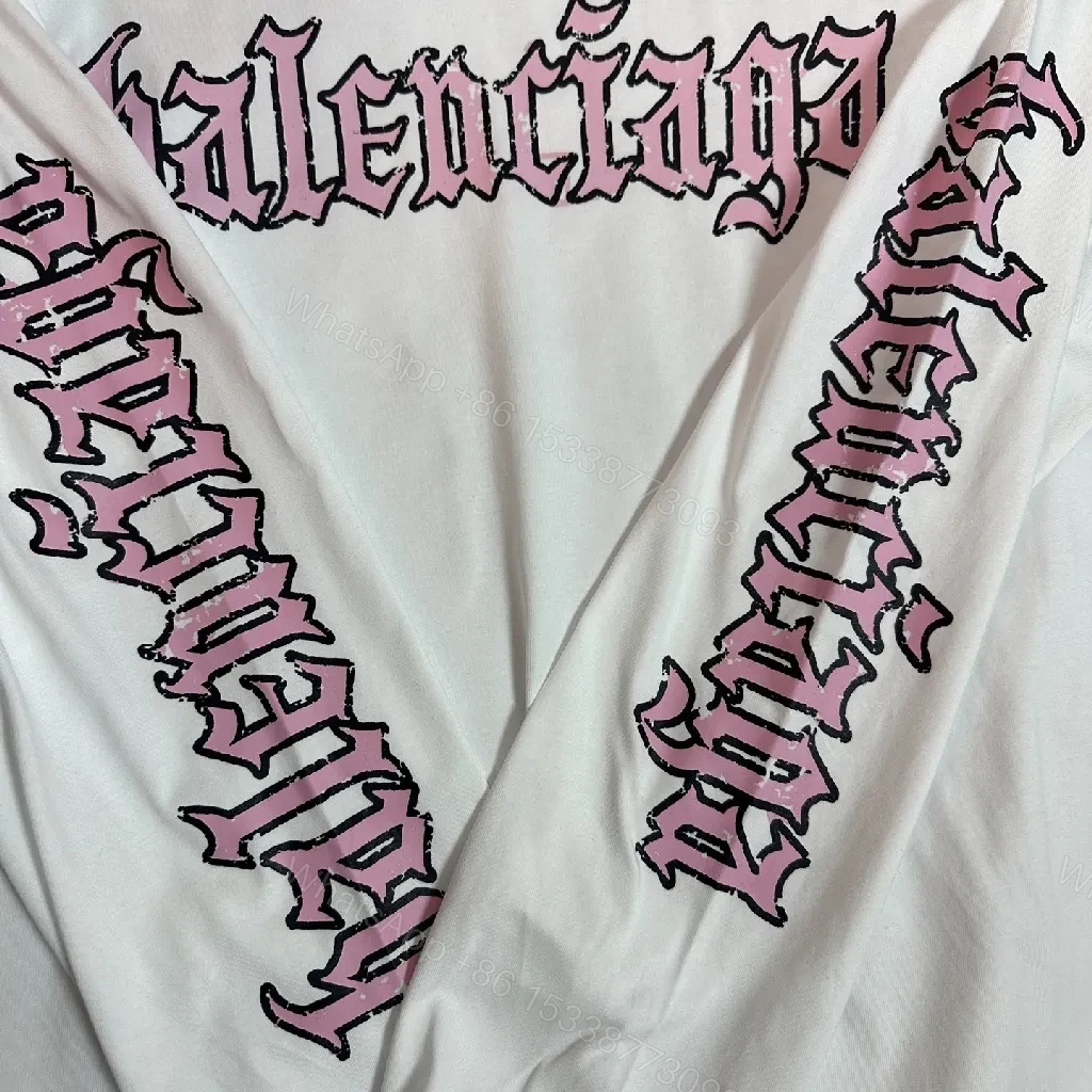 View 8 of White Cotton Blend Tee, Balenciaga-Inspired Graphic, Long Sleeve Tee