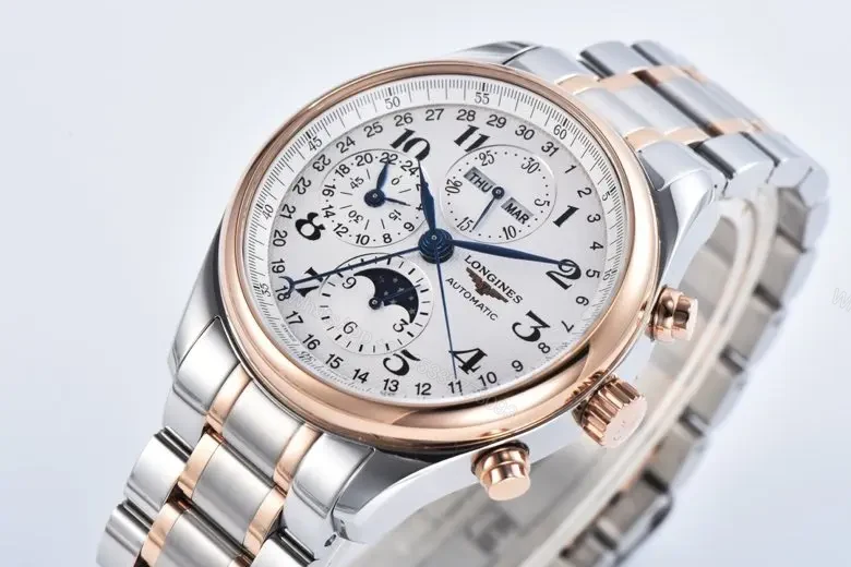 View 3 of Longines Master Collection Moonphase Chronograph Watch Silver Dial Two Tone Stainless Steel and Rose Gold Bracelet 42mm Case Classic Elegant Style