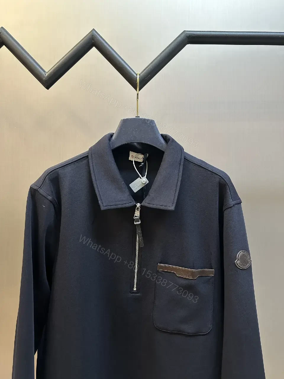 View 6 of navy cotton blend half-zip pullover with chest pocket for everyday luxury