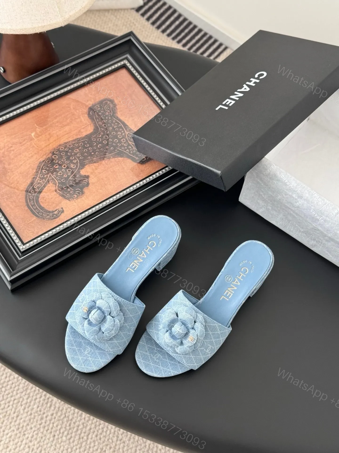View 5 of Chanel Women Light Blue Fabric Floral Slide Sandals