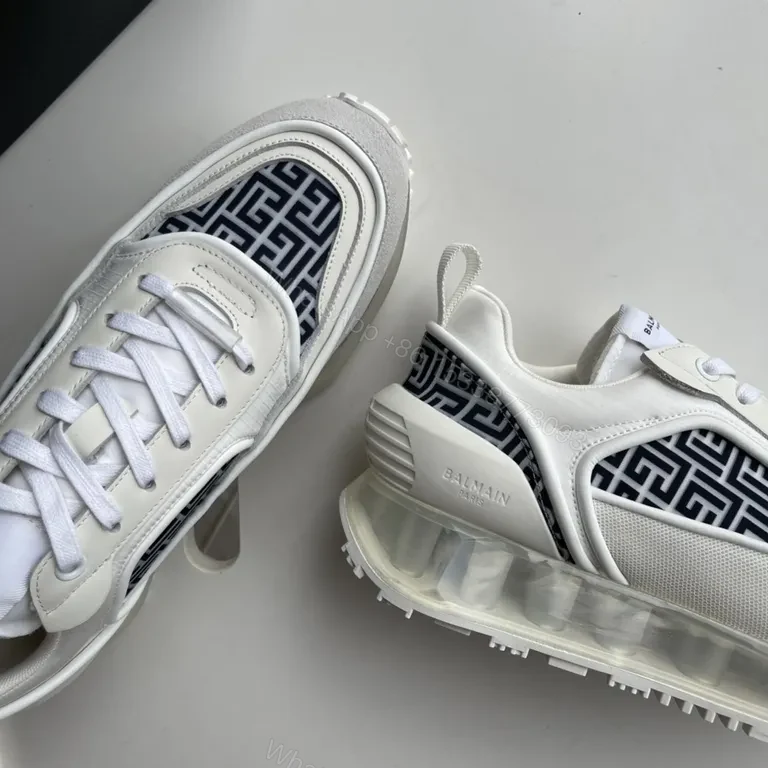 View 6 of Ivory Leather Balmain Runner: Graphic Geometry Sneaker