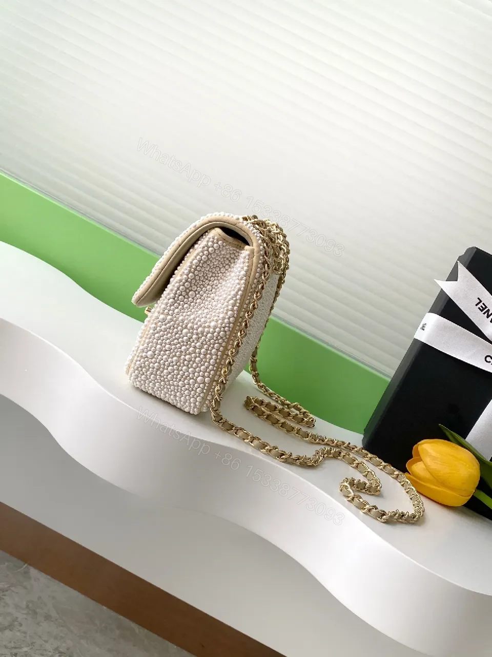 View 4 of Pearl-Embellished Flap Bag: Lux Metallic Couture Style Bag