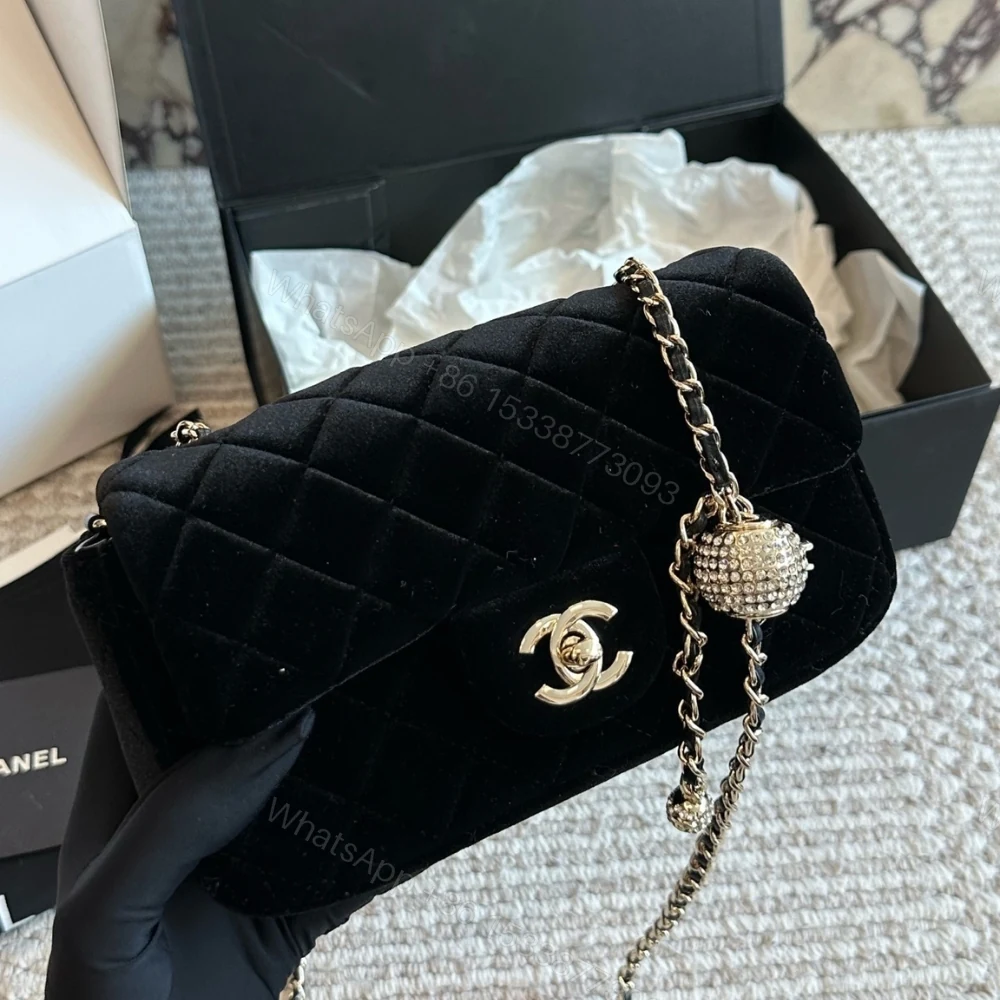 View 2 of Chanel Mini Flap Bag Velvet Diamante And Gold Tone Metal Black 20Cm