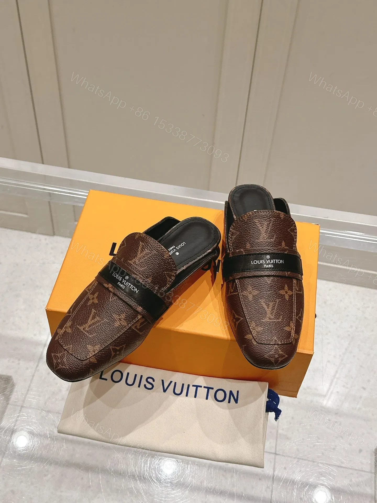 View 5 of LV Women Brown Leather Monogram Mules