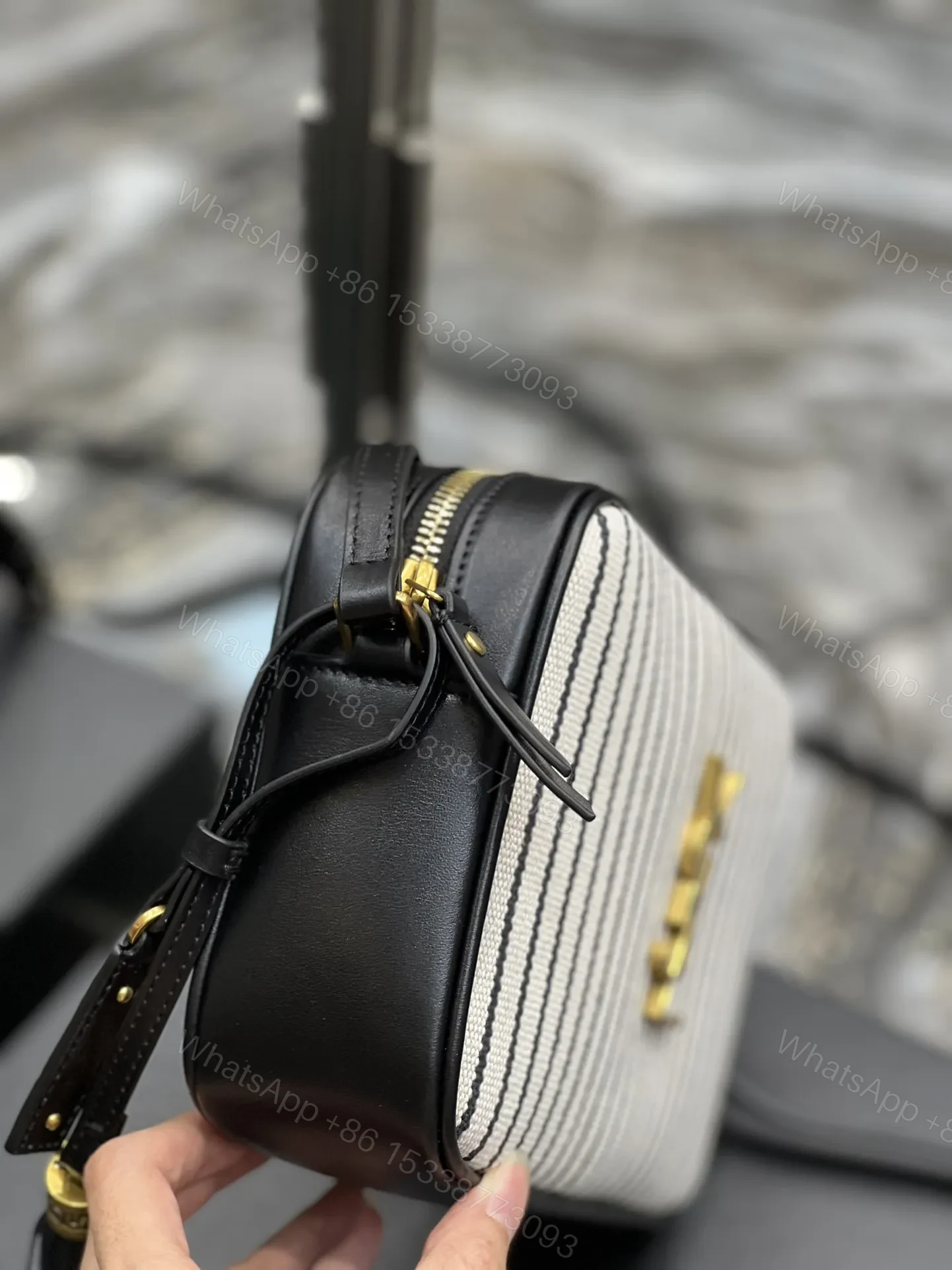 View 5 of SAINT LAURENT Lou Medium Ysl Striped Canvas Camera Crossbody Bag In Grey Cream