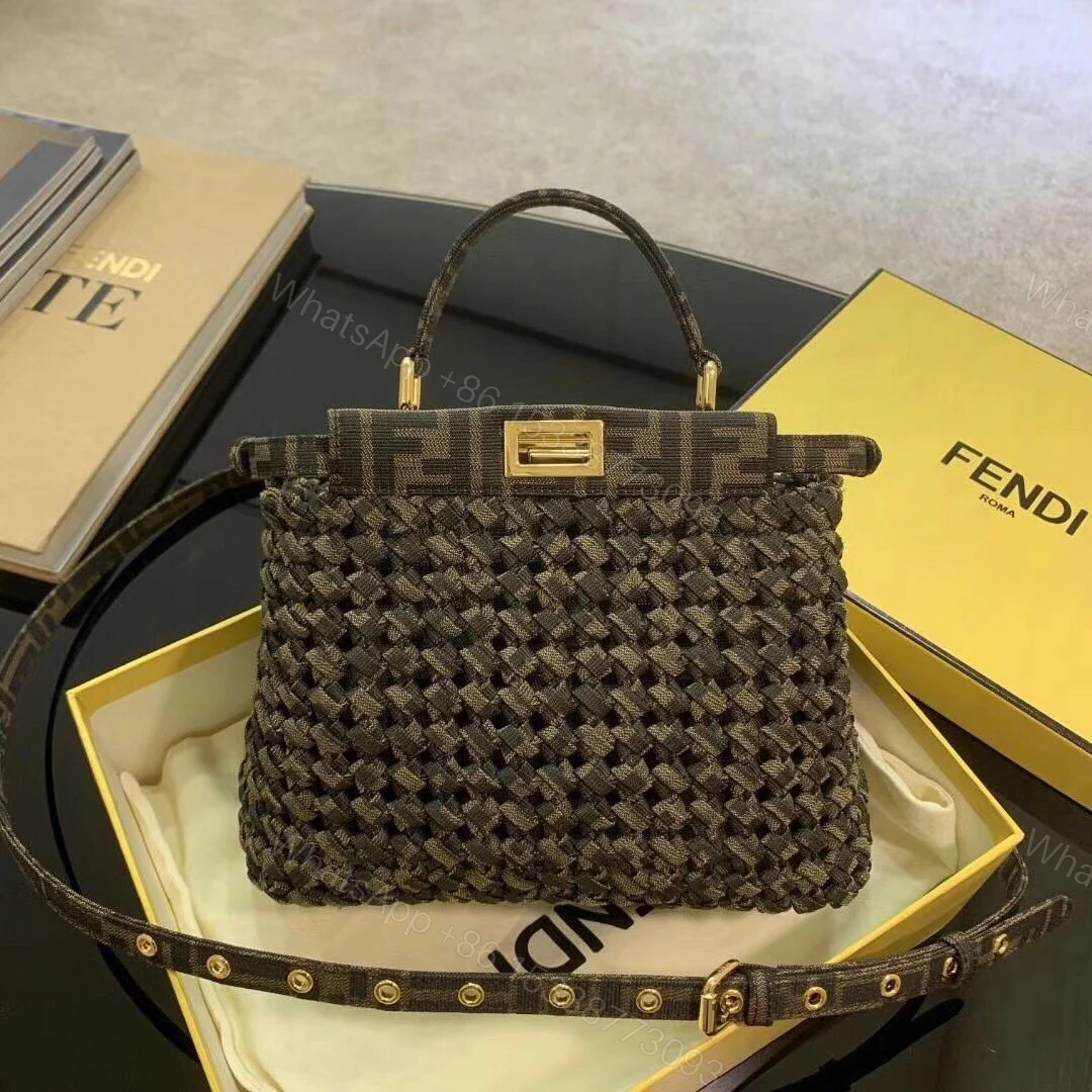 View 9 of Fendi Brown Jacquard Interlace Iconic Peekaboo Mini Bag