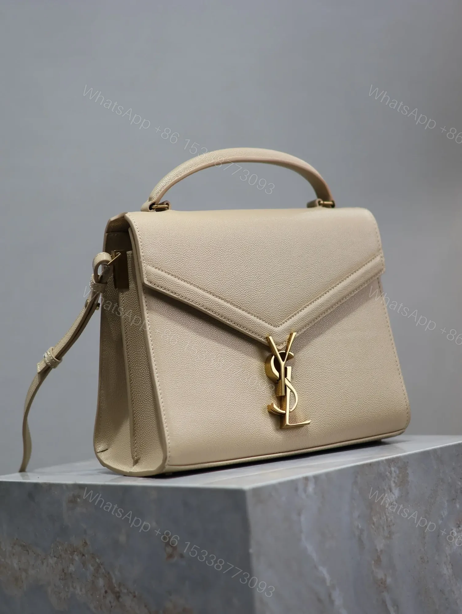 View 7 of YSL CASSANDRA TOP HANDLE BAG MEDIUM IN BEIGE CALFSKIN GOLD HARDWARE