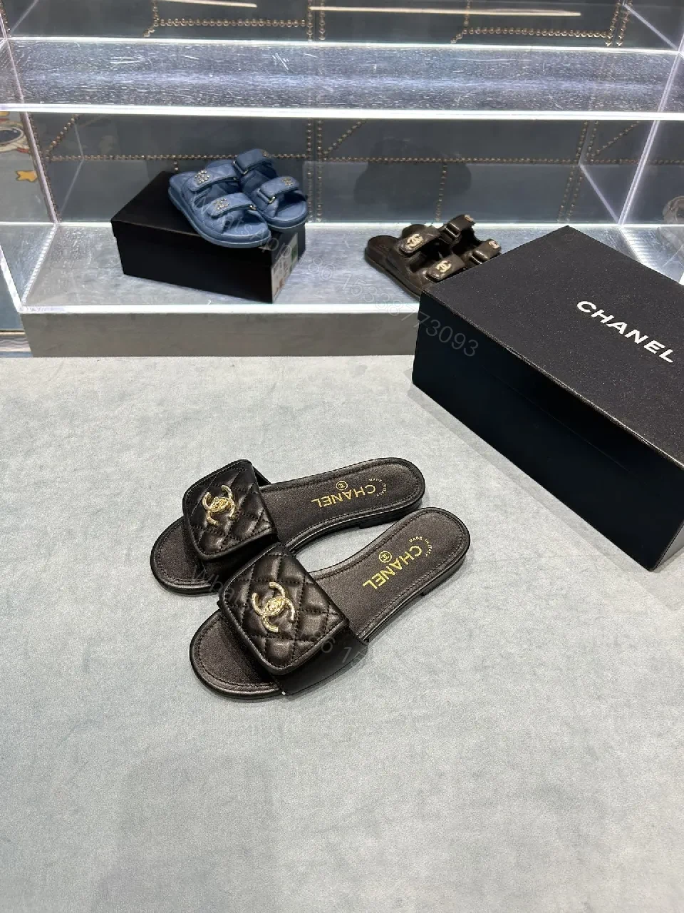 View 2 of Quilted Leather Slides - Luxury Comfort, Gold Logo Detail