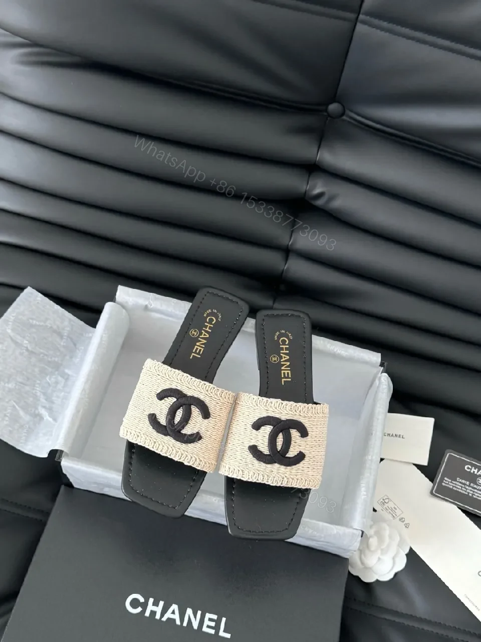Beige Canvas Slides with Interlocking Logo, Luxe-Style Comfort — view 1