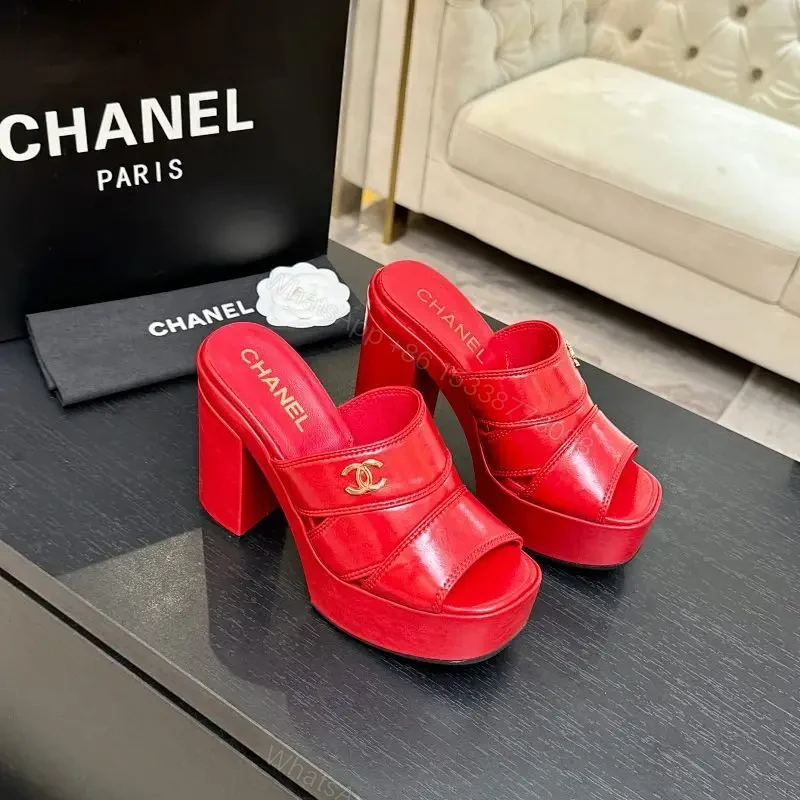 Bold Red Patent Platform Mules with Luxe Logo Hardware — view 1