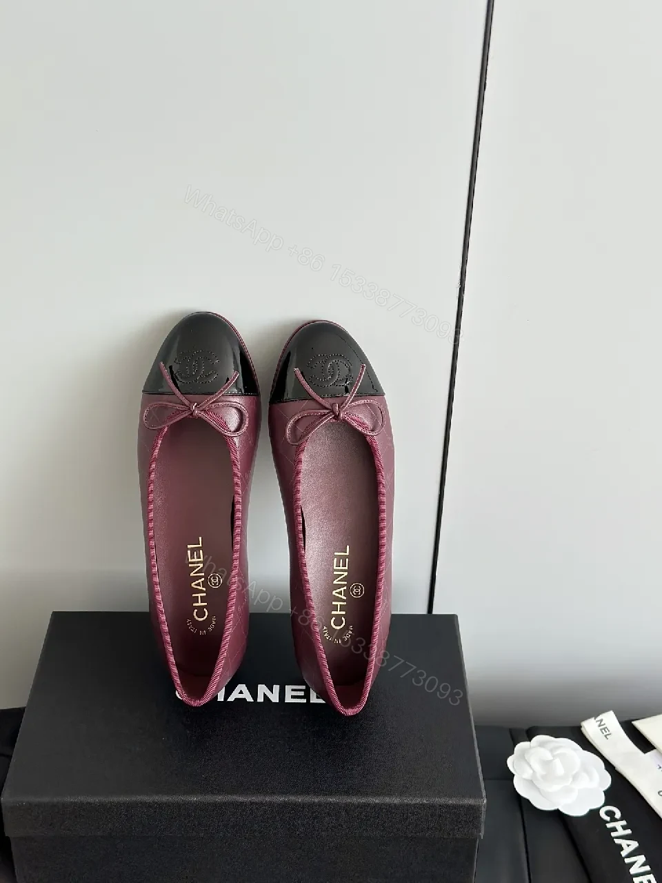 View 7 of Burgundy Satin Ballet Flats with Patent Cap Toe