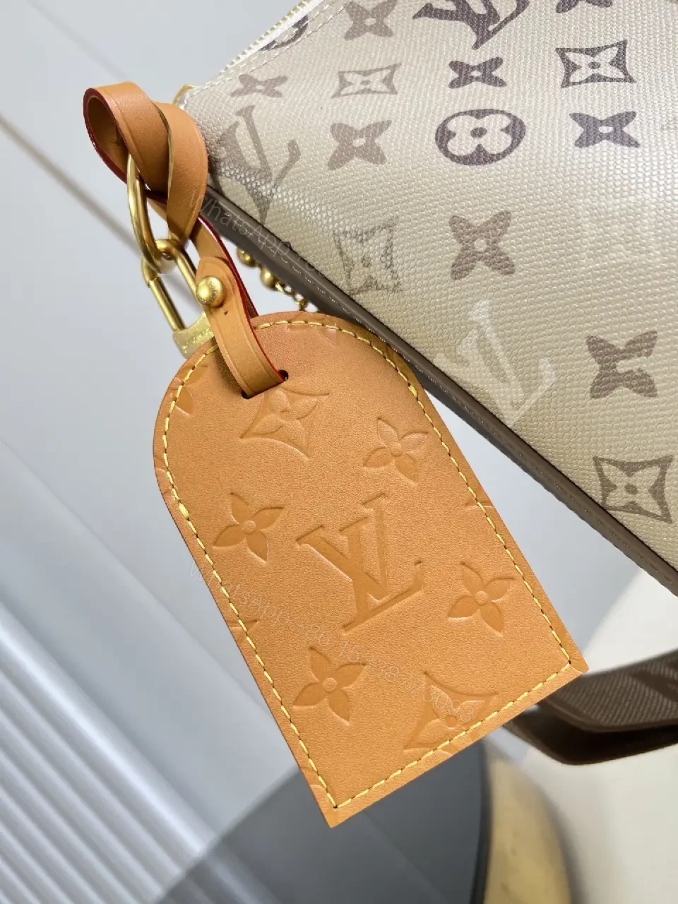 View 7 of Beige LV Monogram Coated Canvas Crossbody Bag with Gold Zipper