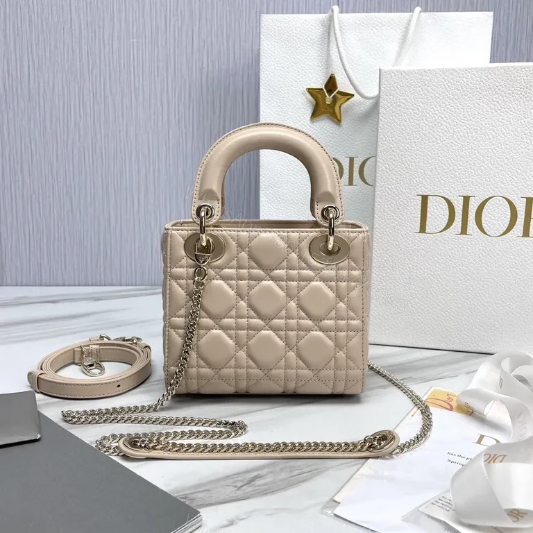 View 6 of Beige Vegan Leather Quilted Handbag with Dior Charm
