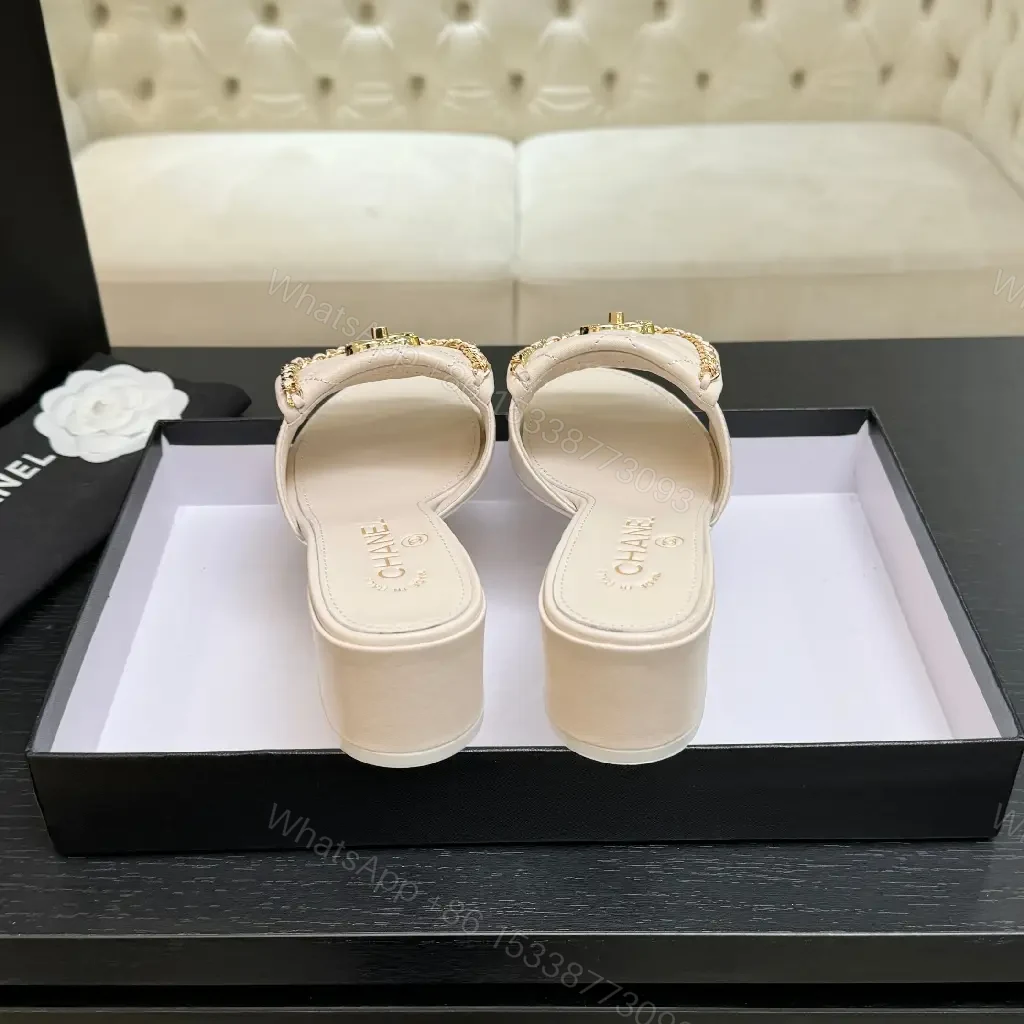 View 8 of Chic Quilted Leather Slides with Gold Logo - Light Beige