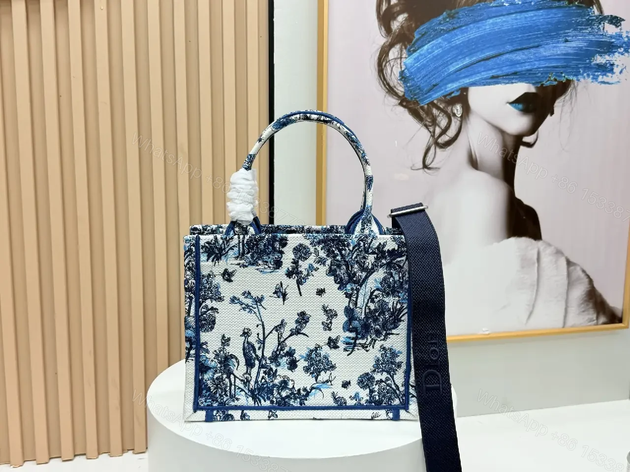 View 7 of Blue Canvas Handbag — Toile Crest Structured Crossbody Style